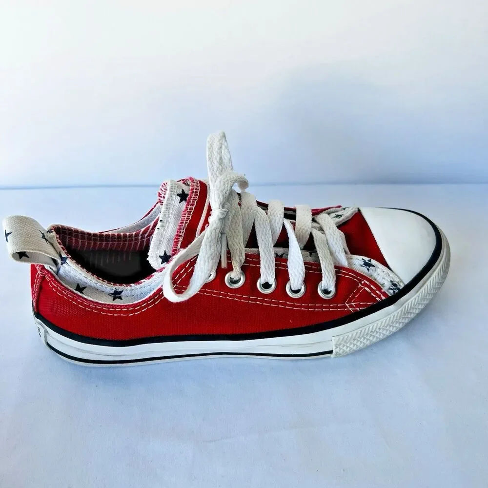 Converse All Stars Girls Size 13 Red White Blue Star Trim Double Upper Sneaker